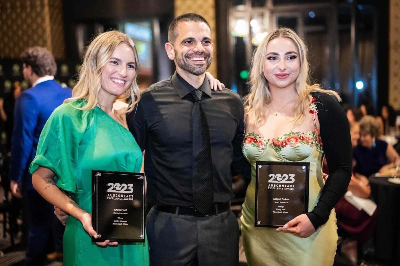 Aneta Field, Angelo Azar and Abigail Dukes at Auscontact National Awards 2023